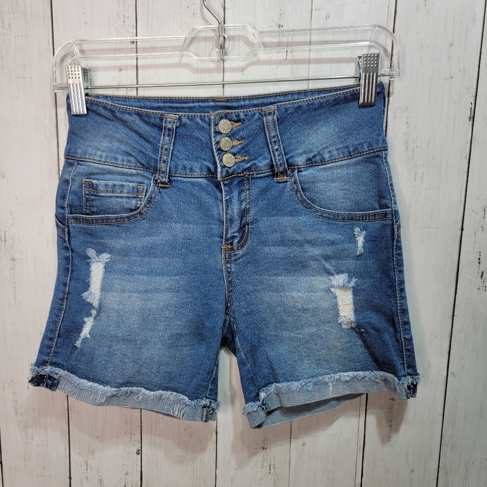Love Revival Women's Blue High Rise Cotton Stretch Denim Shorts Juniors Size 3.